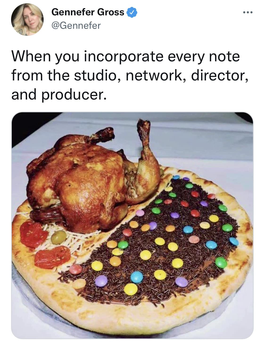 A funny dish made of a pizza mixed with chicken, m&m’s chocolate chips