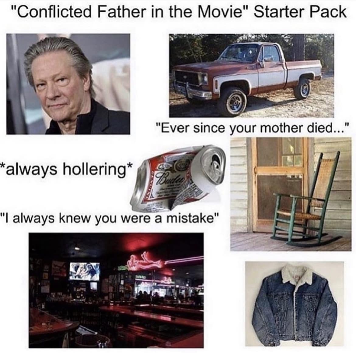 Conflicted father starter pack explaining what’s going to happen in the movie before it starts with six different photos