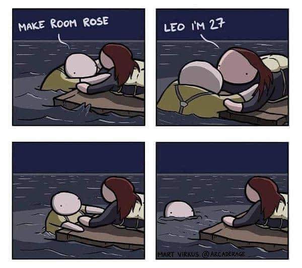 Funny image showing the lack of space on ice for Leo in the movie Titanic